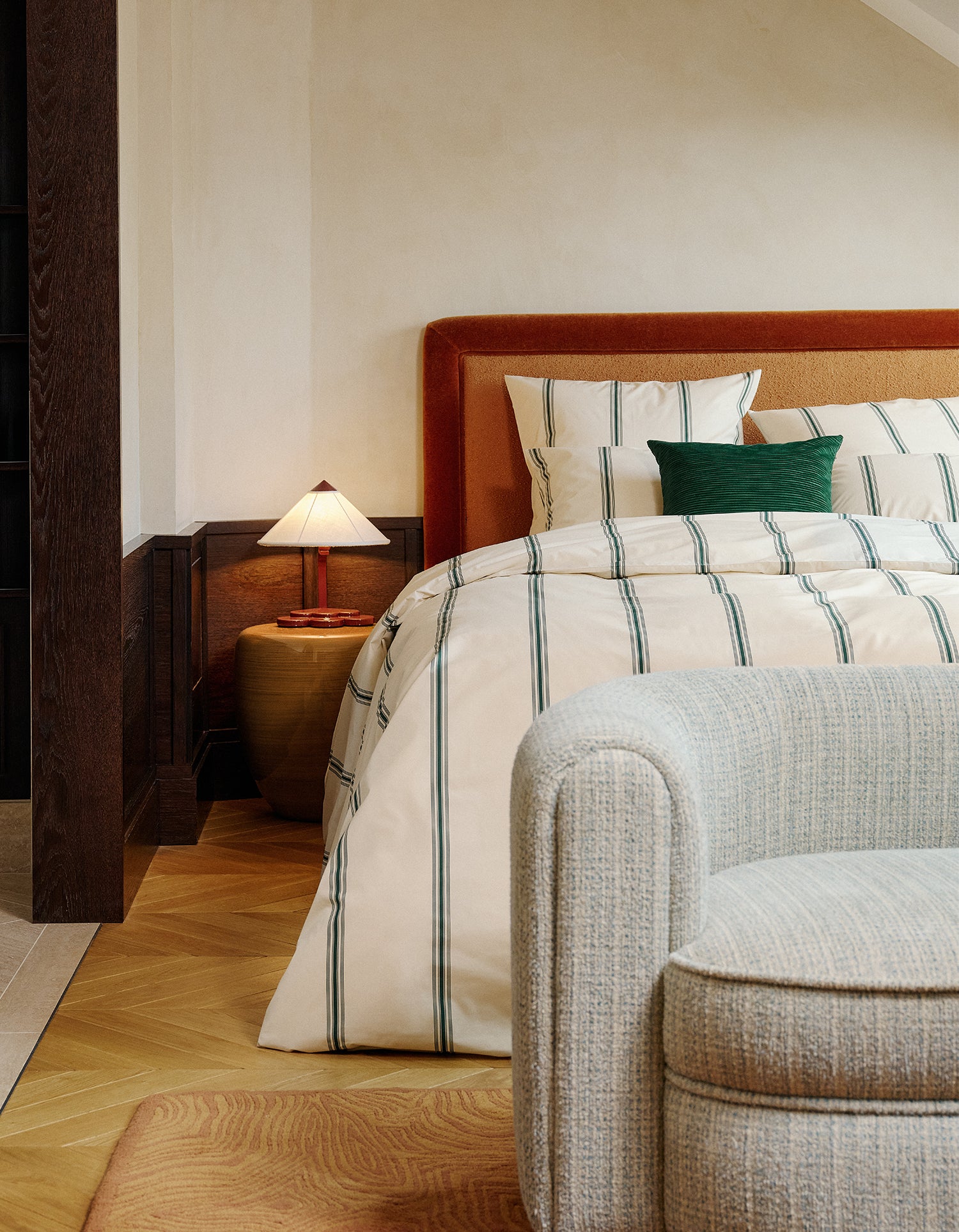 Drap plat Percale de coton 120 fils - Rayure Emeraude