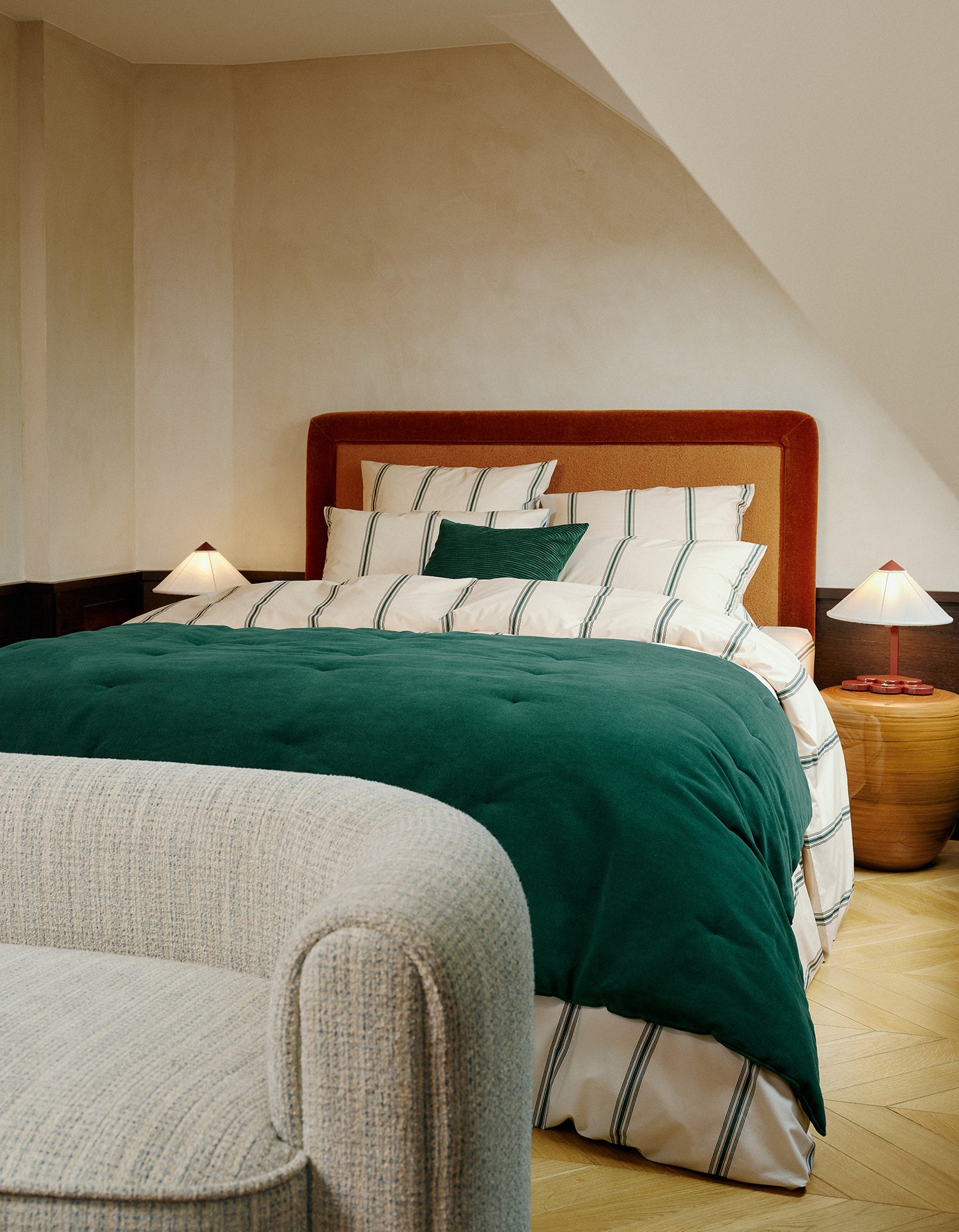 Drap plat Percale de coton 120 fils - Rayure Emeraude