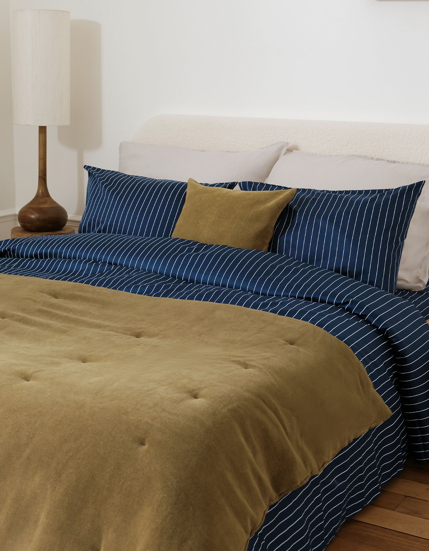 Drap plat Satin de coton 200 fils - Juste Le Marine Rayé