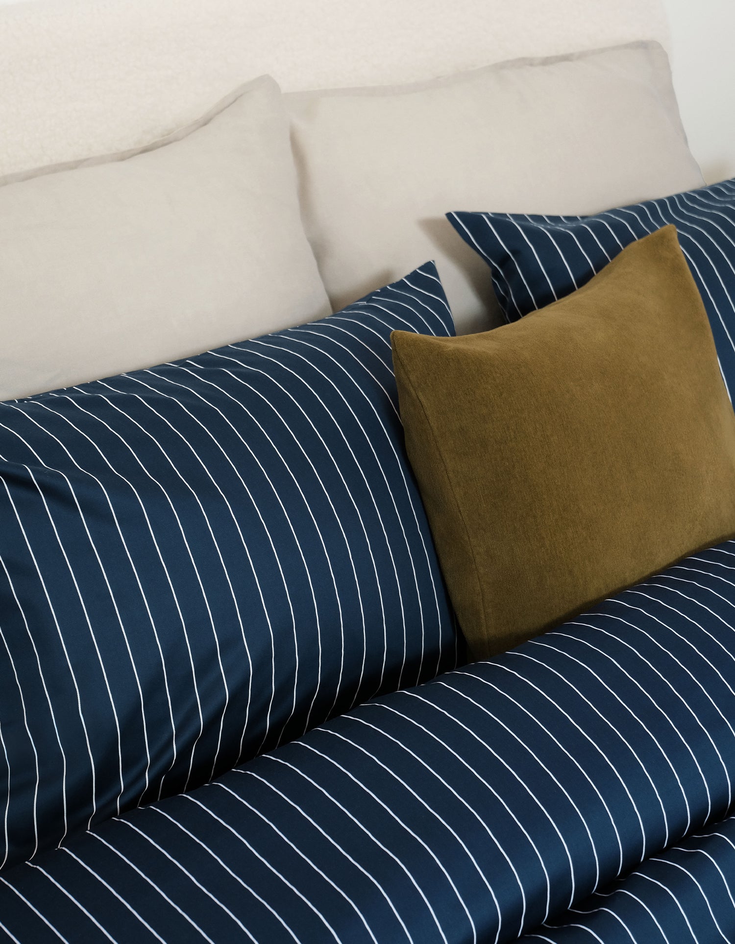 Drap plat Satin de coton 200 fils - Juste Le Marine Rayé