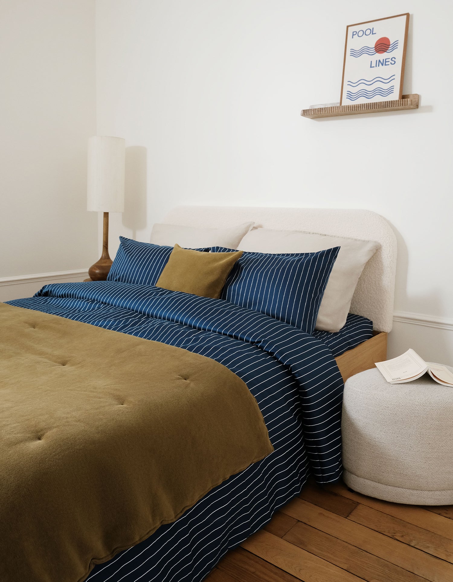 Drap plat Satin de coton 200 fils - Juste Le Marine Rayé