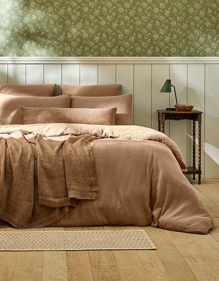 Linnen bedsprei - Karamel Chevron