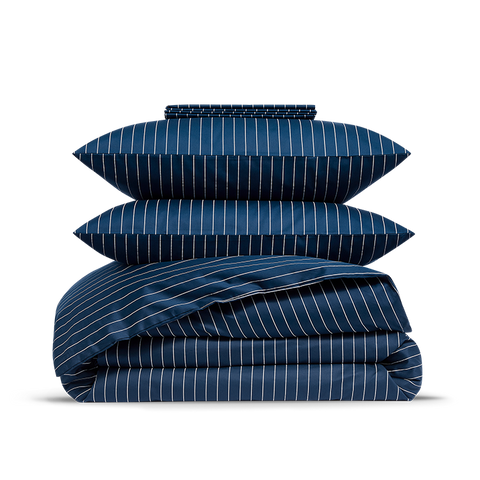 Satin Bettwäsche-set - Marineblau Gestreift