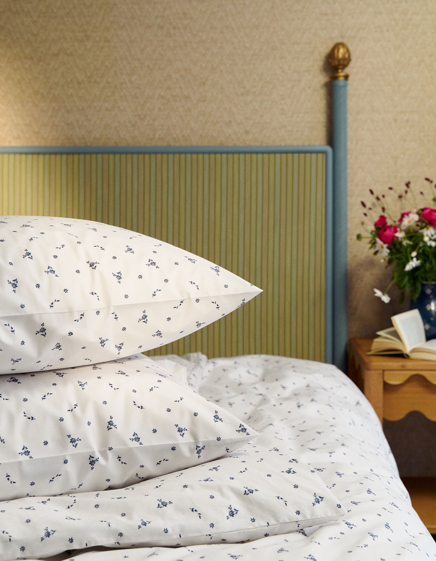 Taies d'oreiller x2 Percale de coton 120 fils - Fleur Bleue