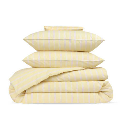 Parure Percale de coton - Rayure Club Jaune - 180x200 / 260x240 / 50x70