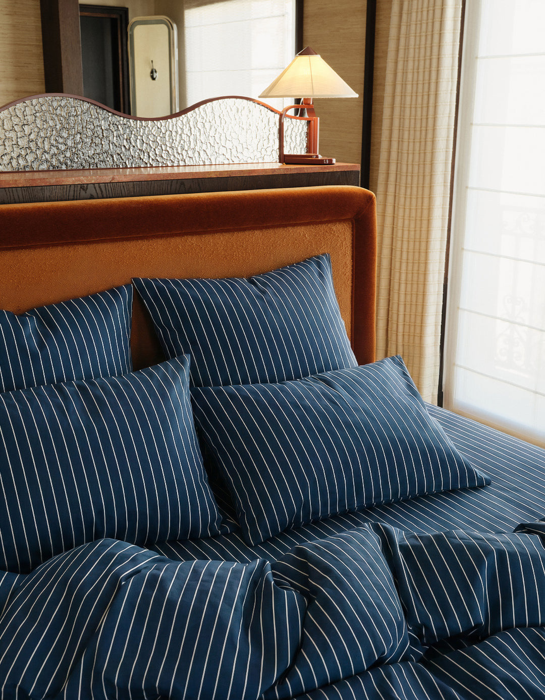 Drap housse Satin de coton 200 fils - Juste Le Marine Rayé