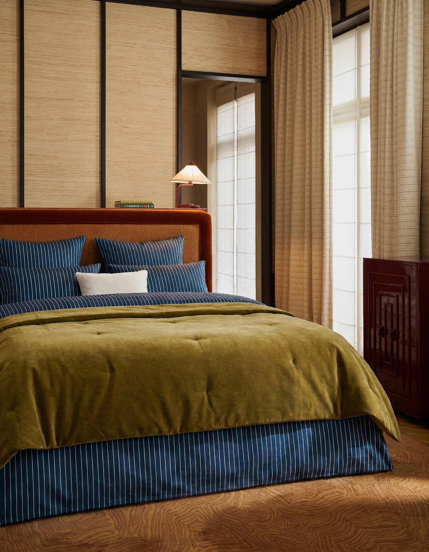 Drap housse Satin de coton 200 fils - Juste Le Marine Rayé