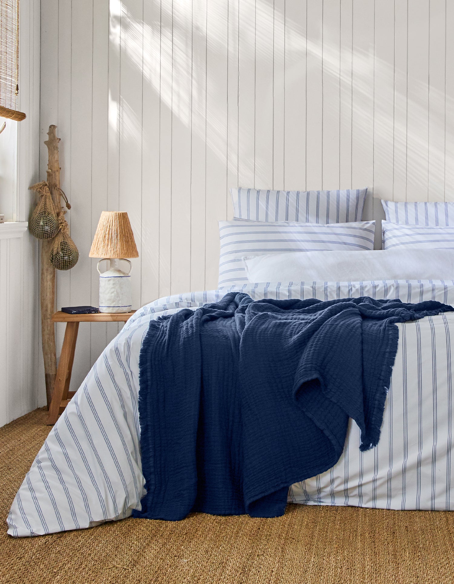 Housse de couette Percale de coton 120 fils - Rayure Trio Bleu