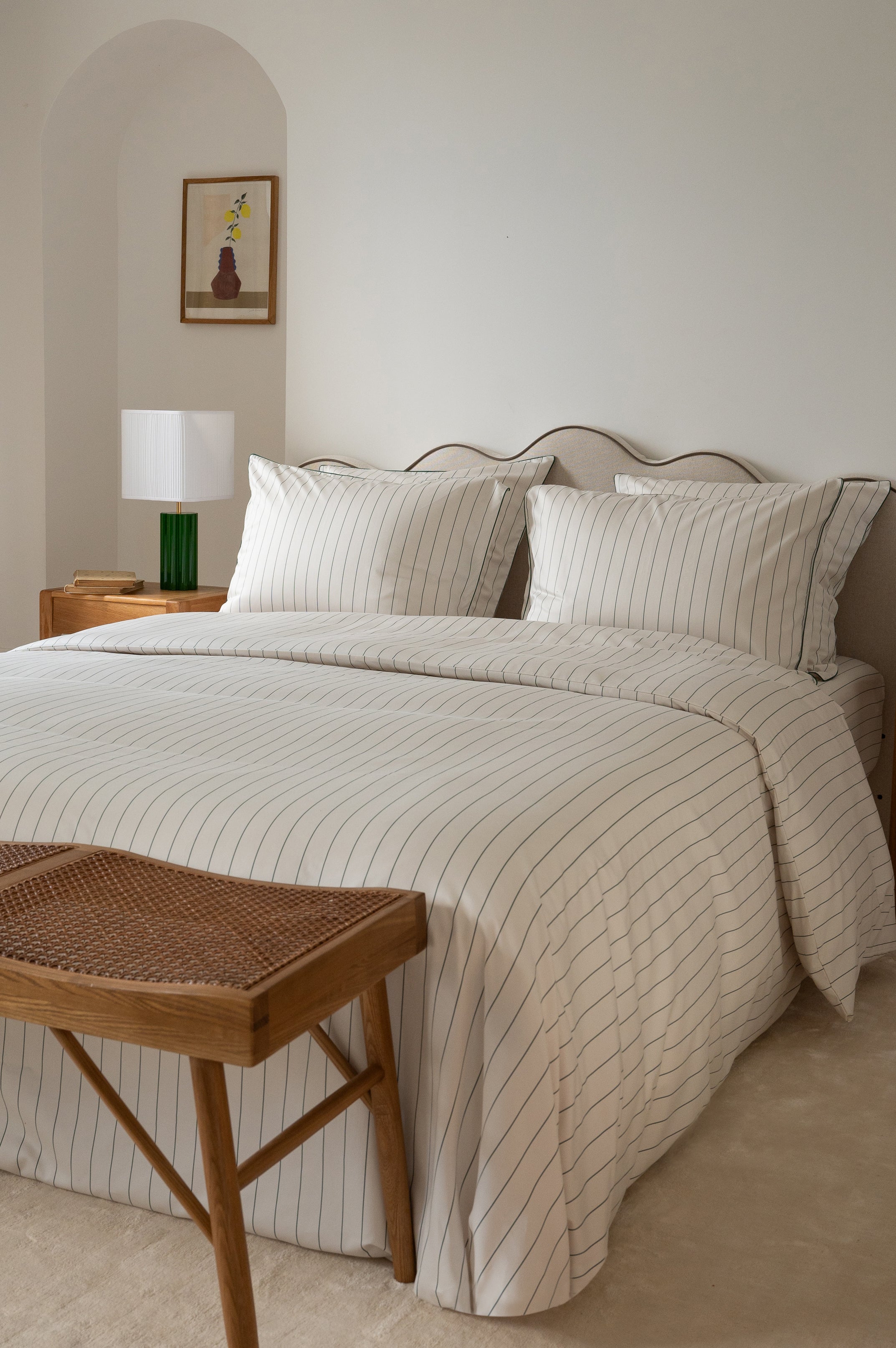 Housse de couette Satin de coton 200 fils - Rayé Vert Forêt