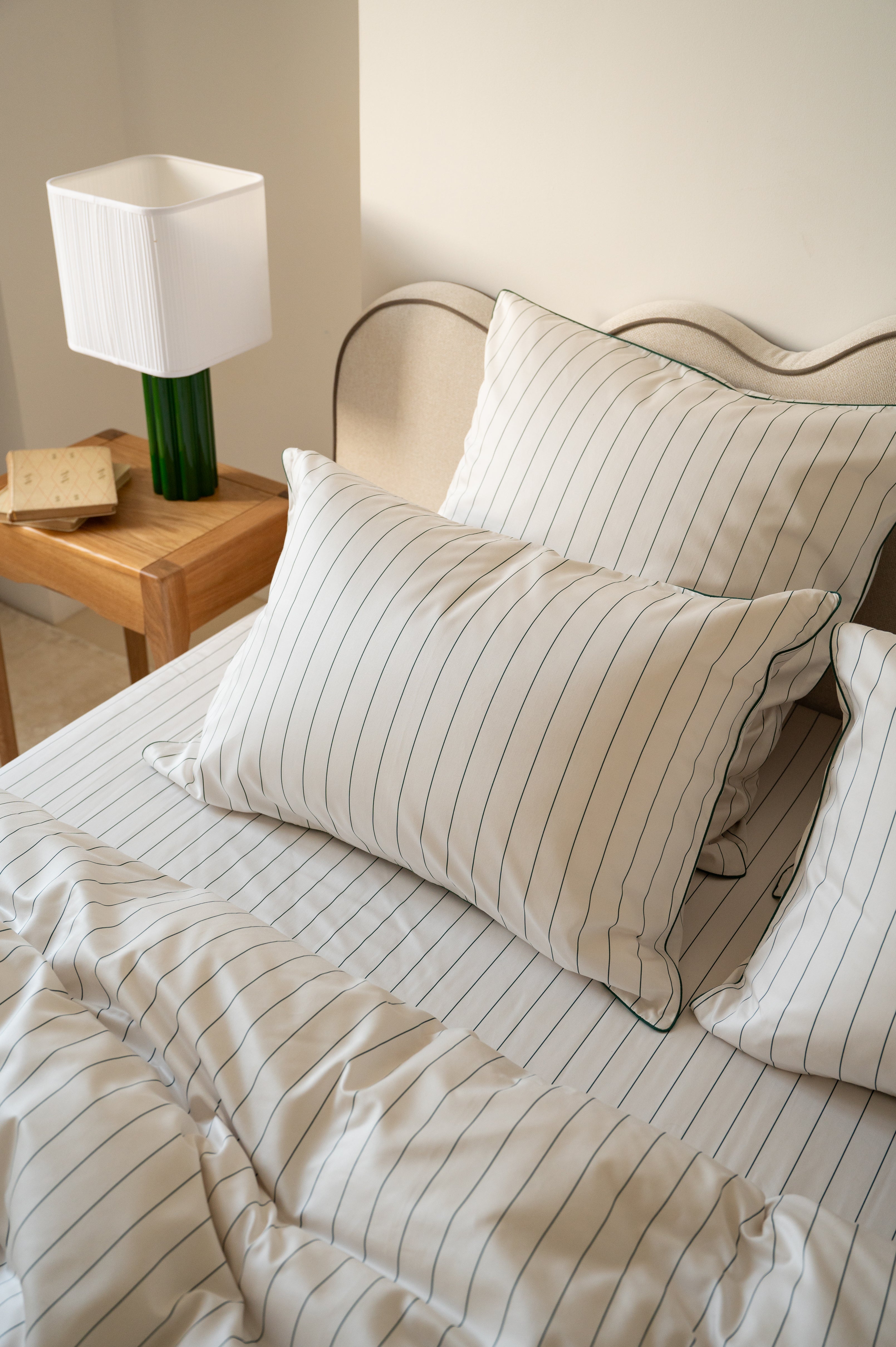Housse de couette Satin de coton 200 fils - Rayé Vert Forêt