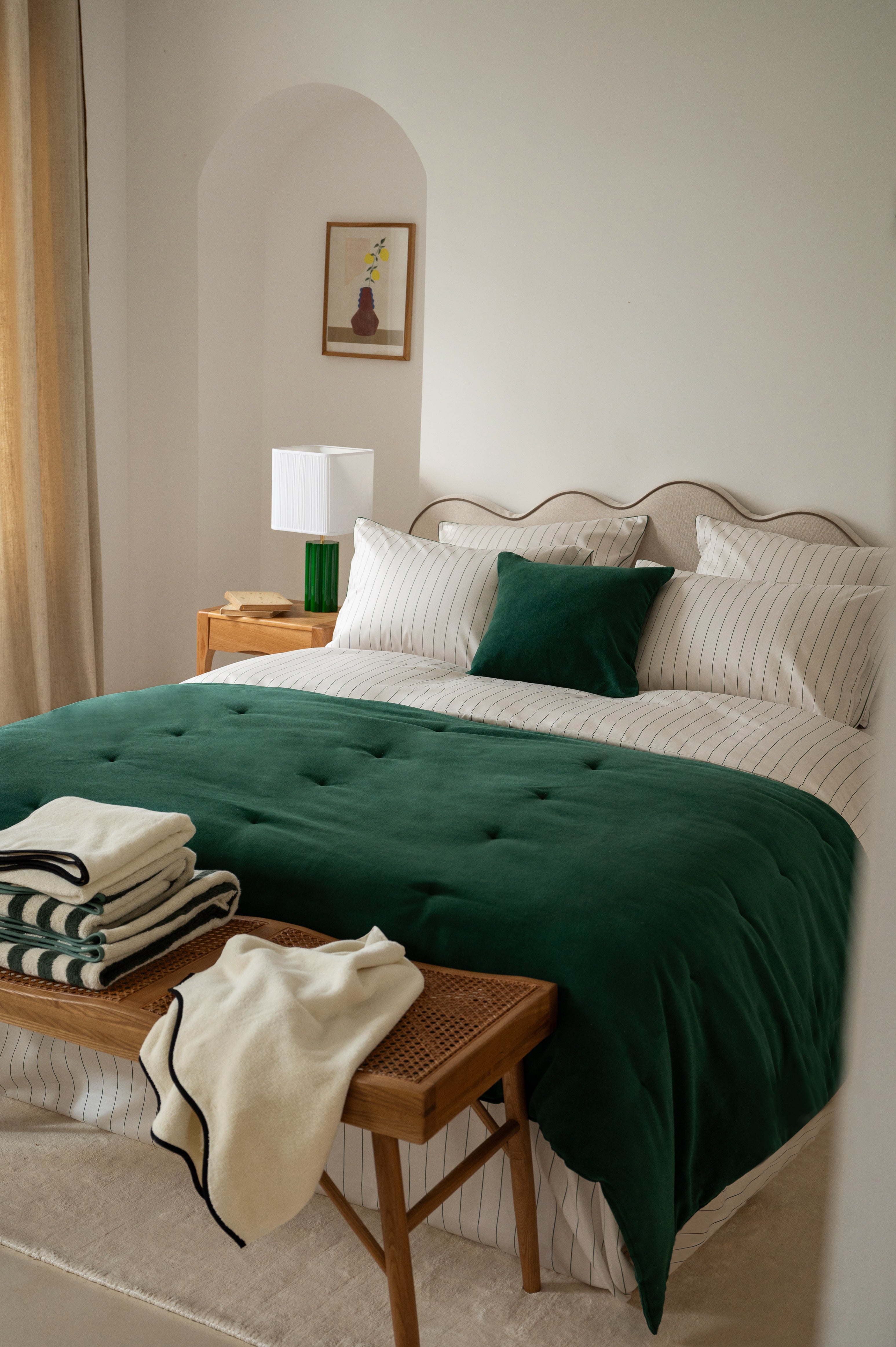Housse de couette Satin de coton 200 fils - Rayé Vert Forêt