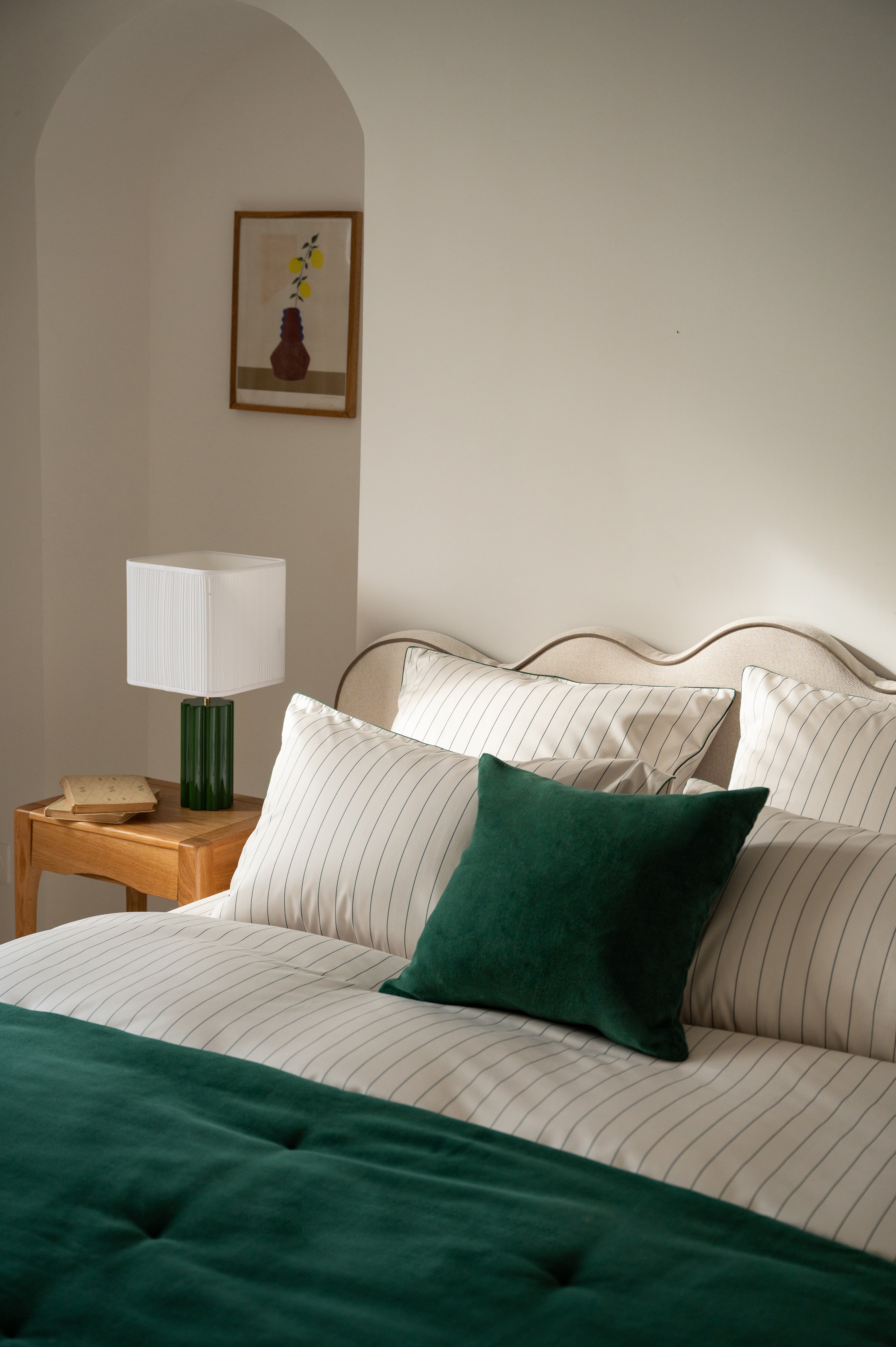 Housse de couette Satin de coton 200 fils - Rayé Vert Forêt