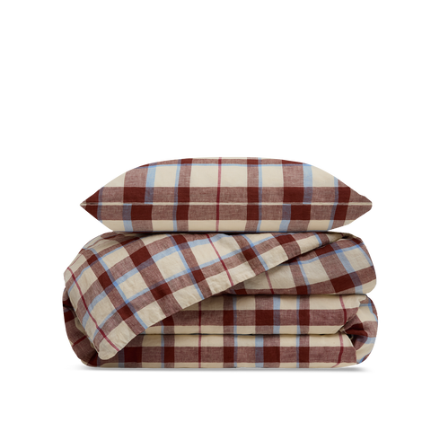 Gewaschenes Leinen Bettwäsche-set - Karminroter Tartan