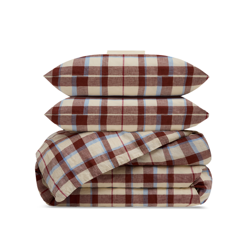 Parure Lin lavé français - Tartan Carmin