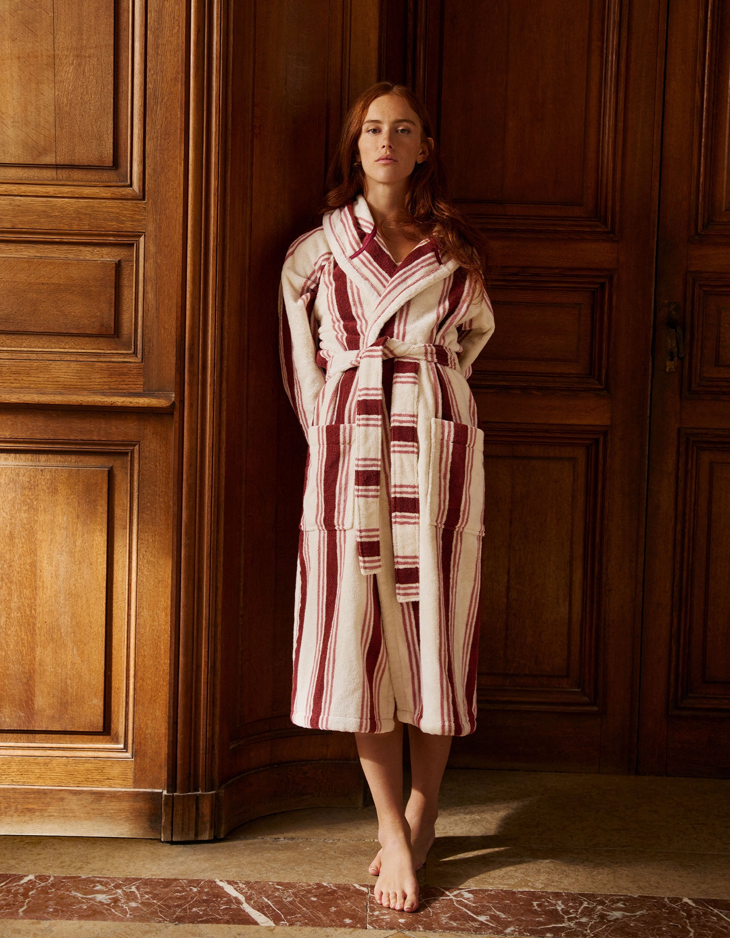 Accappatoio con cappuccio - Righe Granata