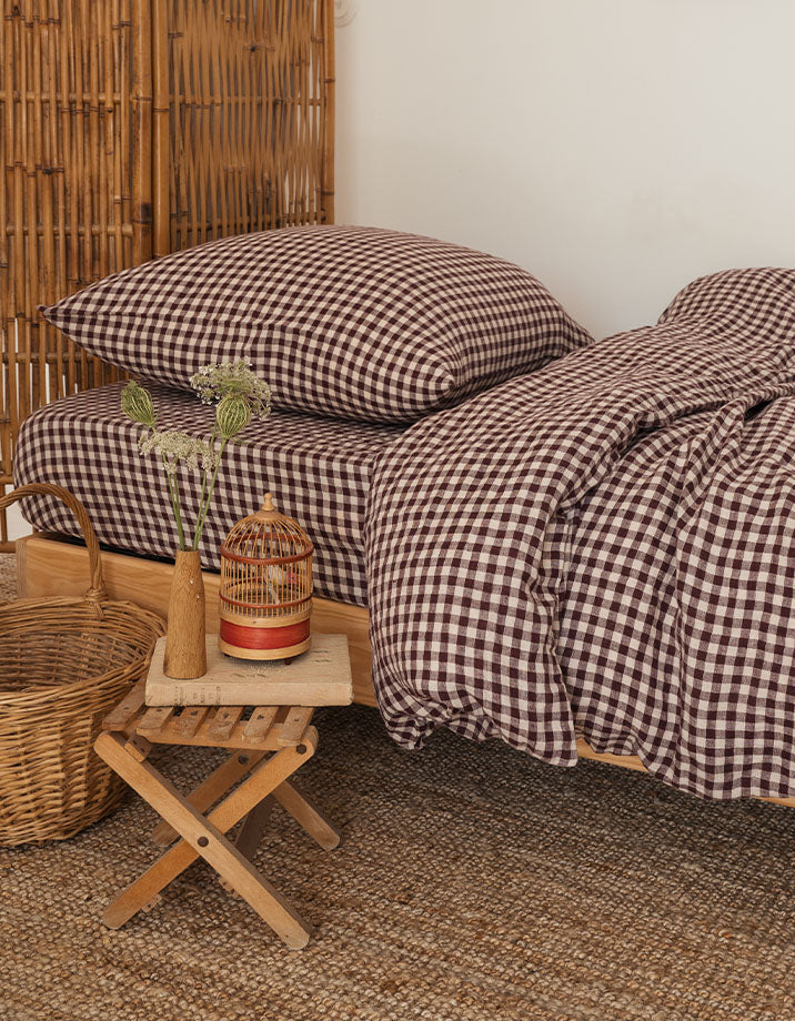 Drap housse Lin lavé français Enfant - Vichy Prune