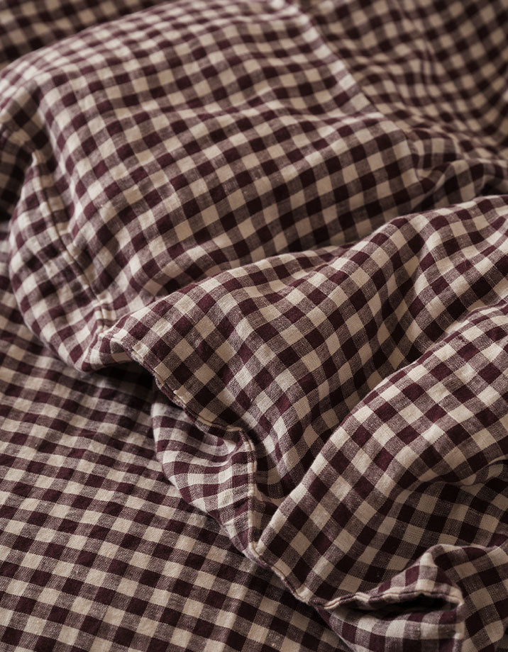 Drap housse Lin lavé français Enfant - Vichy Prune