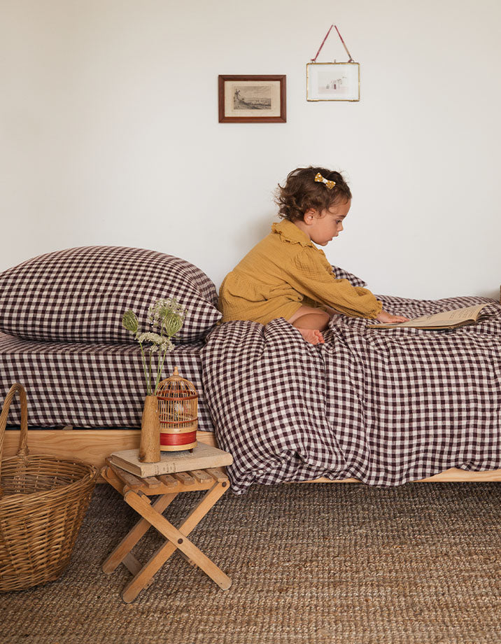 Drap housse Lin lavé français Enfant - Vichy Prune