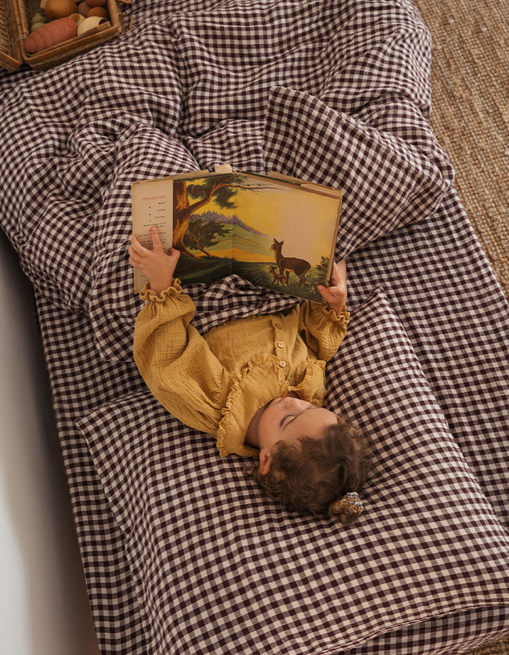 Drap housse Lin lavé français Enfant - Vichy Prune