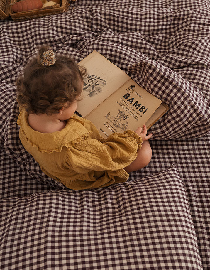 Drap housse Lin lavé français Enfant - Vichy Prune