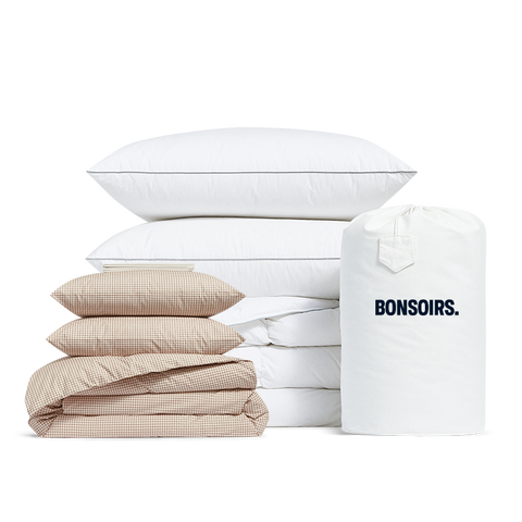 Pack Lit Percale de coton - Mini Vichy Beige - 140x200 / 240x220 / 65x65 Mi-ferme