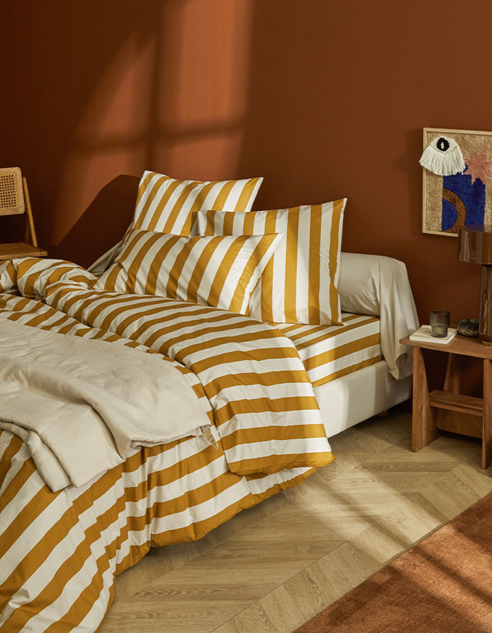 Housse de couette Percale de coton 120 fils - Le Rayé Ocre